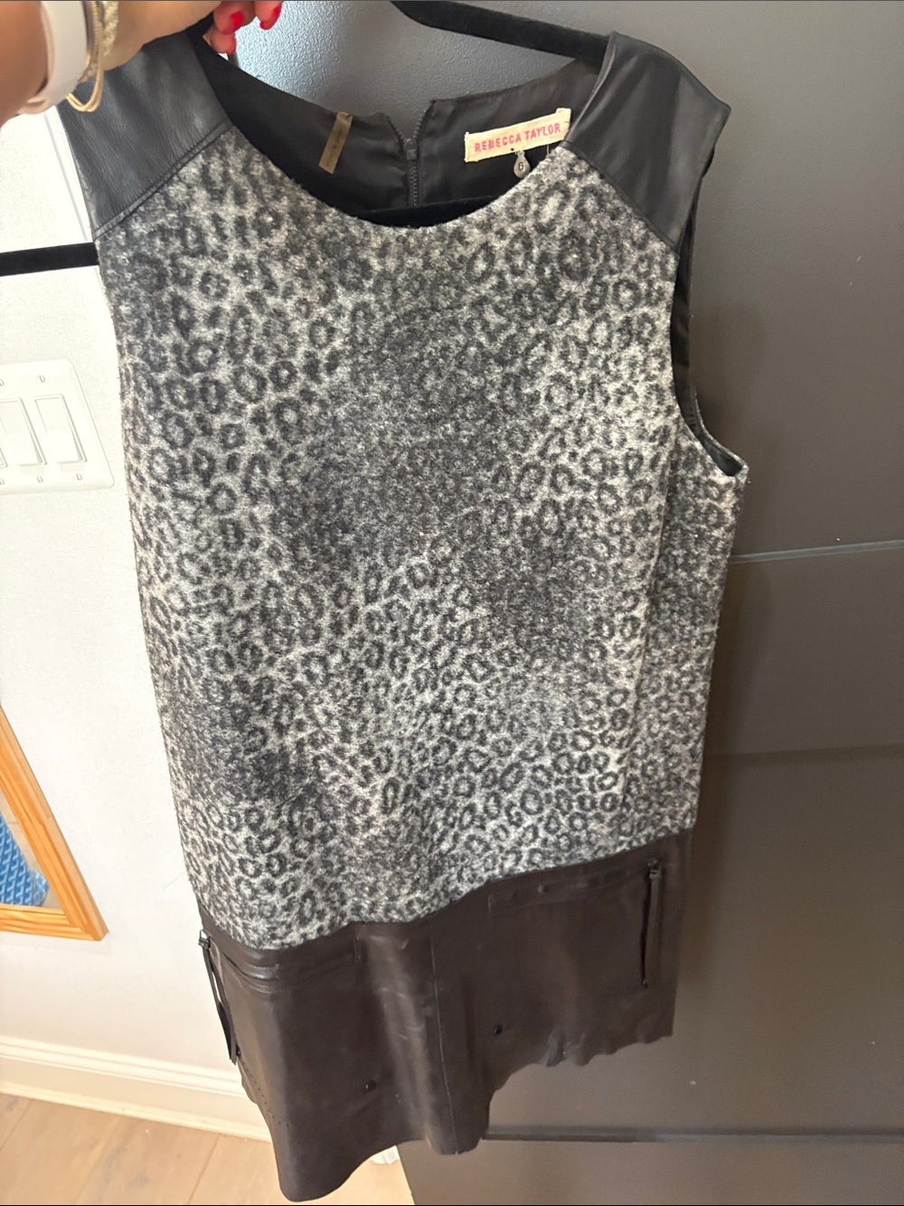 Rebecca Taylor Grey Leopard-Print Dress with Black Trim